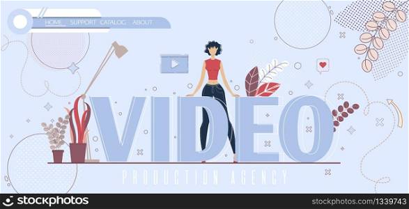 Social Media and Commercial Video Production Agency, Digital Content Developing Company, Outsourcing Service Web Banner, Landing Page. Woman Video Blogger Character Trendy Flat Vector Illustration
