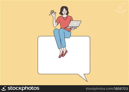 Social media and communication concept. Young businesswoman with laptop sitting on bubble talk speech sign waving hand to camera vector illustration . Social media and communication concept