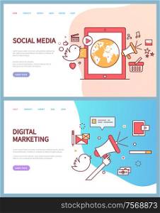 Social media and digital marketing online pages vector. Tablet and loudspeaker, text or voice messages and communication, commercial industry and Internet. Website or webpage template landing page in flat. Social Media and Digital Marketing Online Pages