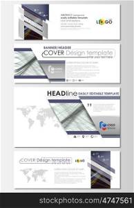 Social media and email headers set, modern banners. Business cover template, easy editable vector, flat layout in popular sizes. Abstract waves, lines and curves. Dark color background. Motion design