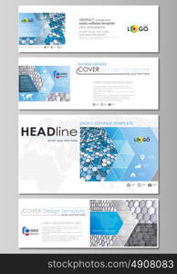 Social media and email headers set, modern banners. Easy editable templates, vector layouts in popular sizes. Blue or gray color hexagons in perspective. Abstract polygonal style background.. Social media and email headers set, modern banners. Business templates. Easy editable abstract design template, vector layouts in popular sizes. Blue and gray color hexagons in perspective. Abstract polygonal style modern background.