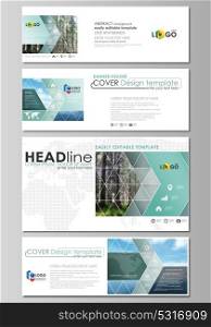Social media and email headers set, modern banners. Abstract design template, vector layouts in popular sizes. Colorful background for travel business, natural landscape in polygonal style.. Social media and email headers set, modern banners. Business templates. Easy editable abstract design template, vector layouts in popular sizes. Colorful background made of triangular or hexagonal texture for travel business, natural landscape in polygonal style.