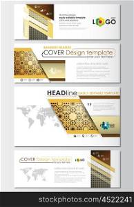 Social media and email headers set, modern banners. Business templates. Cover design template, easy editable, abstract flat layout in popular sizes. Islamic gold pattern, overlapping geometric shapes forming abstract ornament. Vector golden texture.