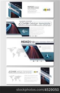 Social media and email headers set, modern banners. Business templates. Cover design template, easy editable, abstract flat layout in popular sizes. Abstract lines background with color glowing neon streams, motion design vector.
