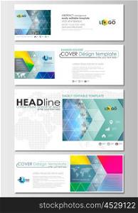 Social media and email headers set, modern banners. Business templates. Cover design template, easy editable, abstract flat layout in popular sizes. Abstract triangles, blue triangular background, modern colorful polygonal vector.