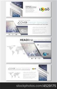 Social media and email headers set, modern banners. Business templates. Cover design template, easy editable, abstract flat layout in popular sizes. DNA molecule structure on blue background. Scientific research, medical technology.