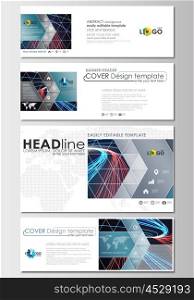 Social media and email headers set, modern banners. Business templates. Cover design template, easy editable, abstract flat layout in popular sizes. Abstract lines background with color glowing neon streams, motion design vector.