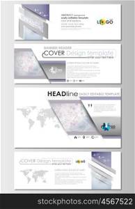 Social media and email headers set, modern banners. Business templates. Cover design template, easy editable, abstract flat layout in popular sizes. Molecule structure on blue background. Science healthcare background, medical vector.