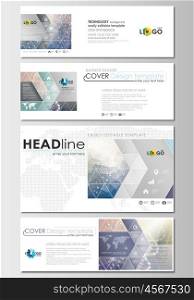 Social media and email headers set, modern banners. Business templates. Cover design template, easy editable, abstract flat layout in popular sizes. DNA molecule structure on blue background. Scientific research, medical technology