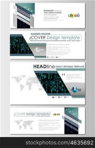 Social media and email headers set, modern banners. Business templates. Cover design template, easy editable, abstract flat layout in popular sizes. Virtual reality, color code streams glowing on screen, abstract technology background with symbols.