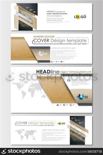 Social media and email headers set, modern banners. Business templates. Cover design template, easy editable, abstract flat layout in popular sizes. Golden technology background, connection structure with connecting dots and lines, science vector.