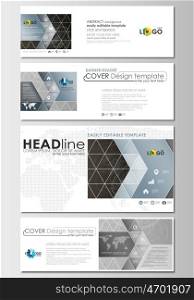 Social media and email headers set, modern banners. Business templates. Cover design template, easy editable, abstract flat layout in popular formats. Abstract 3D construction and polygonal molecules on gray background, scientific technology vector.
