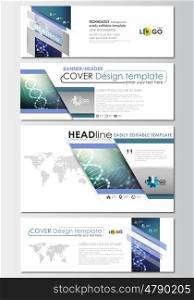 Social media and email headers set, modern banners. Business templates. Cover design template, easy editable, abstract flat layout in popular sizes. DNA molecule structure, science background. Scientific research, medical technology.
