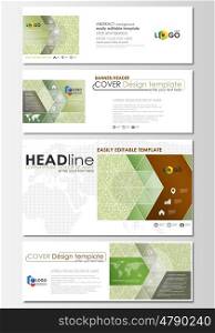 Social media and email headers set, modern banners. Business templates. Easy editable abstract design template, flat layout in popular sizes, vector illustration. Green color background with leaves. Spa concept in linear style. Vector decoration for cosmetics, beauty industry.