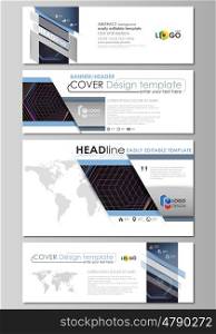 Social media and email headers set, modern banners. Business templates. Easy editable abstract design template, vector layouts in popular sizes. Abstract polygonal background with hexagons, illusion of depth and perspective. Black color geometric design, hexagonal geometry.