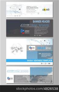Social media and email headers set, modern banners. Business templates. Easy editable abstract design template, vector layouts in popular sizes. Blue color abstract infographic background in minimalist style made from lines, symbols, charts, diagrams and other elements.