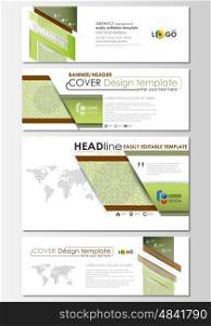 Social media and email headers set, modern banners. Business templates. Easy editable abstract design template, flat layout in popular sizes, vector illustration. Green color background with leaves. Spa concept in linear style. Vector decoration for cosmetics, beauty industry.