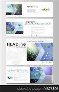 Social media and email headers set, modern banners. Business templates. Cover design template, easy editable, abstract flat layout in popular sizes. DNA molecule structure, science background. Scientific research, medical technology.