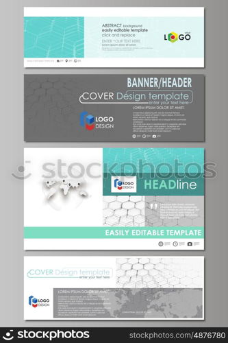 Social media and email headers set, modern banners. Business templates. Easy editable abstract design template, vector layouts in popular sizes. Chemistry pattern, hexagonal molecule structure on blue. Medical, science and technology concept.