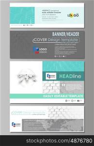Social media and email headers set, modern banners. Business templates. Easy editable abstract design template, vector layouts in popular sizes. Chemistry pattern, hexagonal molecule structure on blue. Medical, science and technology concept.