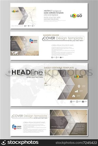 Social media and email headers set, modern banners. Business templates. Easy editable abstract design template, vector layouts in popular sizes. Technology, science, medical concept. Golden dots and lines, cybernetic digital style. Lines plexus.. Social media and email headers set, modern banners. Abstract design template, vector layouts in popular sizes. Technology, science, medical concept. Golden dots and lines, digital style. Lines plexus.