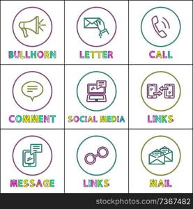 Social media and Internet round linear icons set. Web operations outline symbols inside circles isolated cartoon flat vector illustrations collection.. Social Media and Internet Round Linear Icons Set