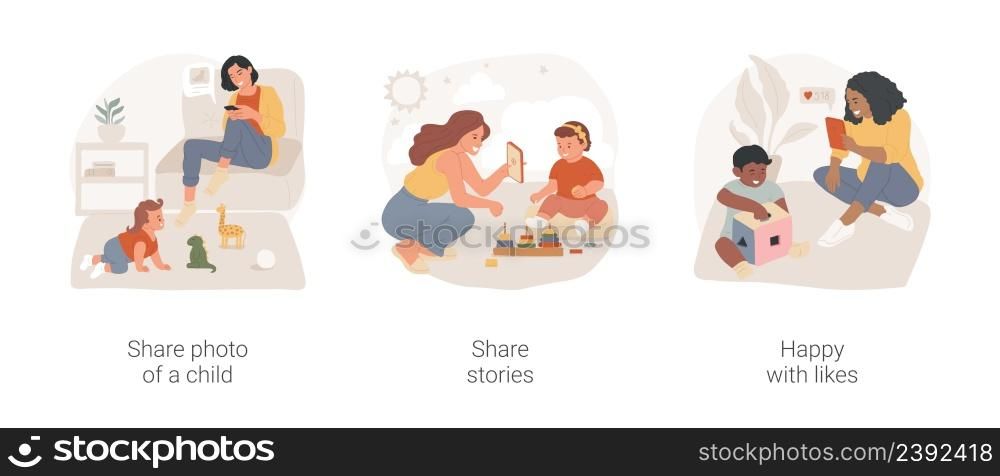 Social media and motherhood isolated cartoon vector illustration set. Young women share photo of child, social media posting addiction, filming stories with kid, happy with likes vector cartoon.. Social media and motherhood isolated cartoon vector illustration set.