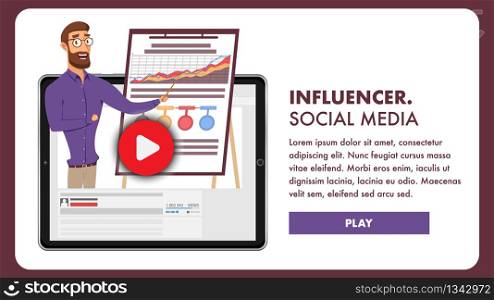 Social Media and Their Influencer Company Business. Banner Illustration Online Business Training Bearded Man Speaker. Graph Chart Growth Indicator Financial Profit. Computer Monitor Productivity Chart