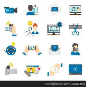 Social media and video blog flat icons set isolated vector illustration. Flat Icon Video Blog