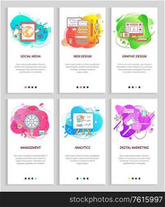 Social media and web design vector, posters with text and abstract shapes, management and analysis digital information and tools for productivity. Website or app slider, landing page flat style. Digital Marketing and Social Media Abstract Set