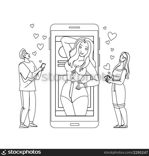 Social Media App For Share And Like Photo Black Line Pencil Drawing Vector. Social Media Application Using Man And Woman For Grading Girl Photography Online. Characters Looking At Photo On Smartphone. Social Media App For Share And Like Photo Vector