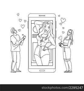 Social Media App For Share And Like Photo Black Line Pencil Drawing Vector. Social Media Application Using Man And Woman For Grading Girl Photography Online. Characters Looking At Photo On Smartphone. Social Media App For Share And Like Photo Vector