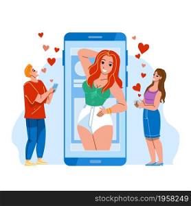 Social Media App For Share And Like Photo Vector. Social Media Application Using Man And Woman For Grading Girl Photography Online. Characters Looking At Photo On Smartphone Flat Cartoon Illustration. Social Media App For Share And Like Photo Vector