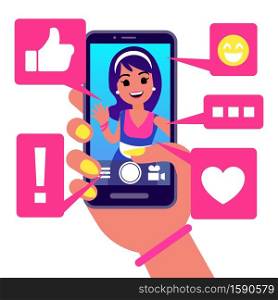 Social media app, girl makes selfie vector illustration. Active life in social networks concept. Selfie girl in social network media, smartphone app. Social media app, girl makes selfie vector illustration. Active life in social networks concept