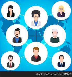 Social media avatar network connection concept. People in a social network. Concept for social network in flat design. Globe with many different people&#39;s faces