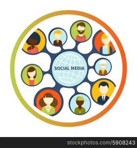 Social media avatar network connection concept. People in a social network. Concept for social network in flat design. Globe with many different peoples faces. Social media network connection concept