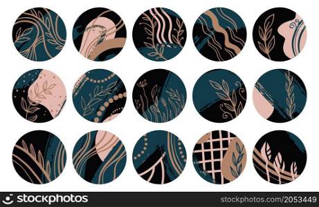 Social media avatars or rounded icons for stories highlights. Marketing and advertising, botany and flowers, floral ornaments with abstract lines drawings. Vector in flat style, illustration. Stories highlights, social media avatars icons