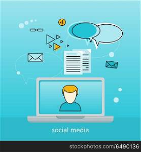 Social Media Background. Laptop with man on screen. Laptop with infographics on blue background. Concept of social media, online business, online education, business training, media content, freelance. Social media background