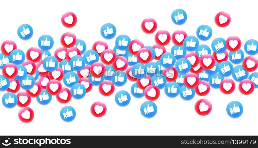 Social media background with thumbs up and like heart icons. Premium vector illustration.
