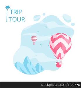 Social media banner hot air balloon vector illustration. Travel promotion banner template or online booking service concept with red hot air balloon on blue mountain landscape for social media promo. Social media banner hot air balloon vector graphic