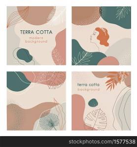 Social media banners set of abstract modern backgrounds with terra cotta pastel color combinations, shapes and tropical palm , monstera leaves, one line women face logo icon. For advertising, branding. Terra cotta color Social media banners set of abstract modern backgrounds