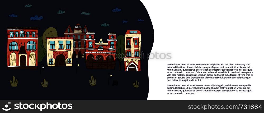 Social media banners template of vector houses, trees and clouds. Night composition in doodle style.