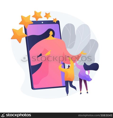 Social media blogging, online promotion, network popularity. Sharing photo, content filling. Blogger and followers cartoon characters. Vector isolated concept metaphor illustration.. Social media blogging vector concept metaphor.