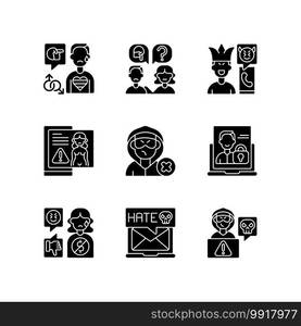 Social media bullying black glyph icons set on white space. LGBT cyberbullying. Talk to someone. Help for abuse victim. Mute troll. Silhouette symbols. Vector isolated illustration. Social media bullying black glyph icons set on white space