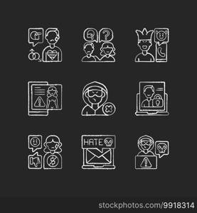 Social media bullying chalk white icons set on black background. LGBT cyberbullying. Talk to someone. Help for abuse victim. Prank phone call. Revenge porn. Isolated vector chalkboard illustrations. Social media bullying chalk white icons set on black background