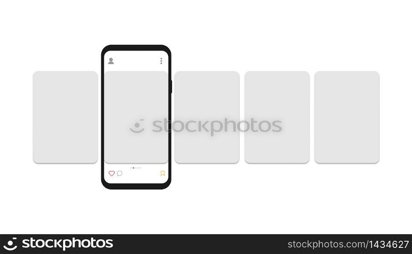 Social media carousel with smartphone. Modern design concept. Blank post for social network. Isolated template with mobile device. Illustration of media stories in frame. Vector EPS 10