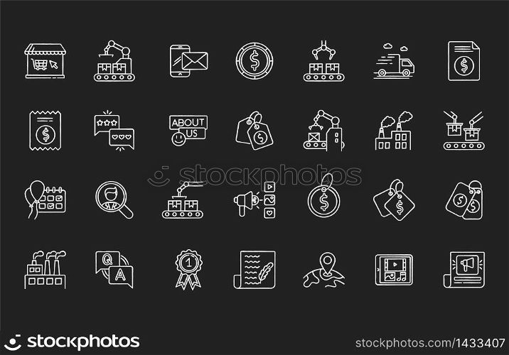 Social media chalk white icons set on black background. E commerce and retail. Online shopping store. Digital marketing. Premium quality production. Isolated vector chalkboard illustrations. Social media chalk white icons set on black background
