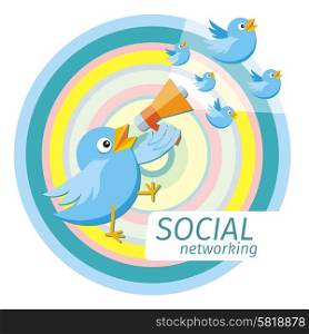 Social media communication network concept. Birdie holding megaphone from which fly blue birds cartoon design style