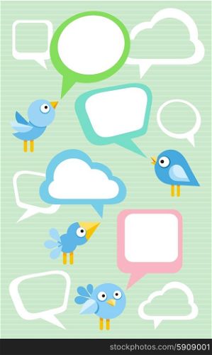 Social media communication network concept. Set of different birds with bubble cartoon design style. Set of different birds