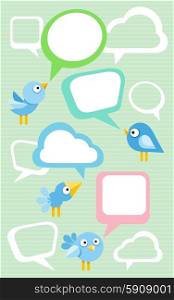 Social media communication network concept. Set of different birds with bubble cartoon design style. Set of different birds